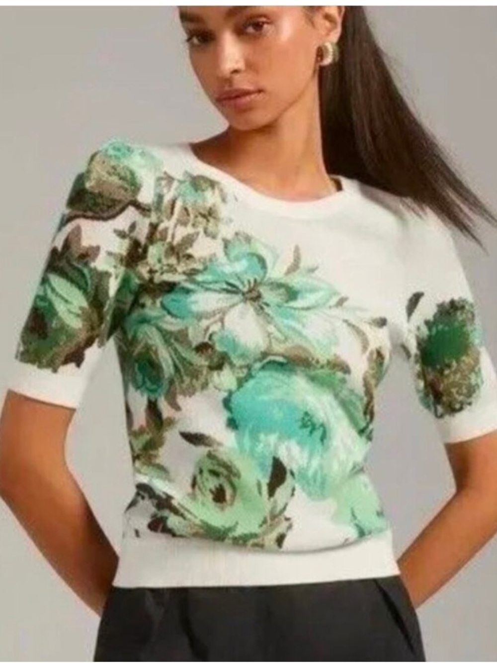 Maeve short sleeve green and brown floral sweater size small
